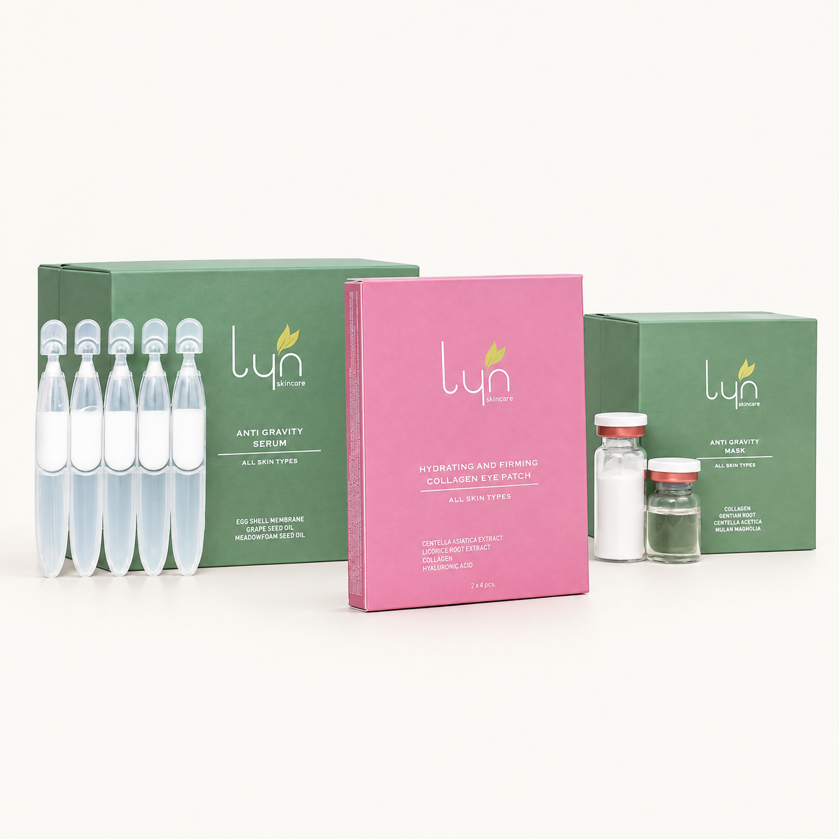 Lyn Sikilastirici ve Canlandirici Set - serum, maske ve goz maskesi kutulari